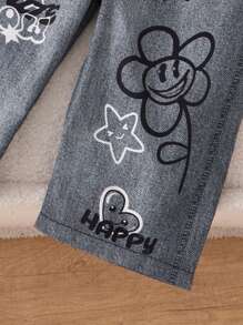 2 件装女婴春夏黑色短袖 T 恤和黑色牛仔裤，可爱风格母女搭配服装（2 件套，单独出售）