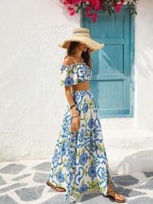 Vivid Eden Women's Summer Vacation Lemon & Blue Floral Print Off-Shoulder Top And Long Skirt 2pcs Set, Vacation Outfit,Summer Outfits For Women,Vacation Two Pieces Set,Beach Outfits For Woman