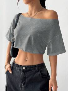 Flirla Women's Asymmetrical Shoulder Short Frayed Hem Oversized Streetwear T-Shirt, White, Versatile Y2K Stylish Chic, Spring/Summer - Grey - View 5