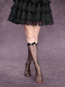 ROMWE Kawaii 1 Pair Women's Ballet Style Satin Ribbon Bow Floral Rhinestone Decor Ice Silk Stockings, All Season - Black - View 4