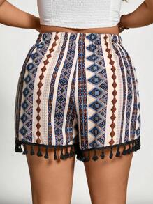 SHEIN VCAY Plus Size Women Summer Geometric Print Tassel Trim Casual Shorts, Nashville Stripe Summer Spring Easter Festival Rave Elegant Vacation Casual Boho Graduation Brunch Wedding Guest Women Bohemia Concert Country Concert Beach Vacation - Multicolor - View 2