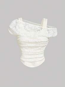 SHEIN MOD Áo thun thời trang cổ ren bất đối xứng dành cho nữ - Màu be - Xem 1