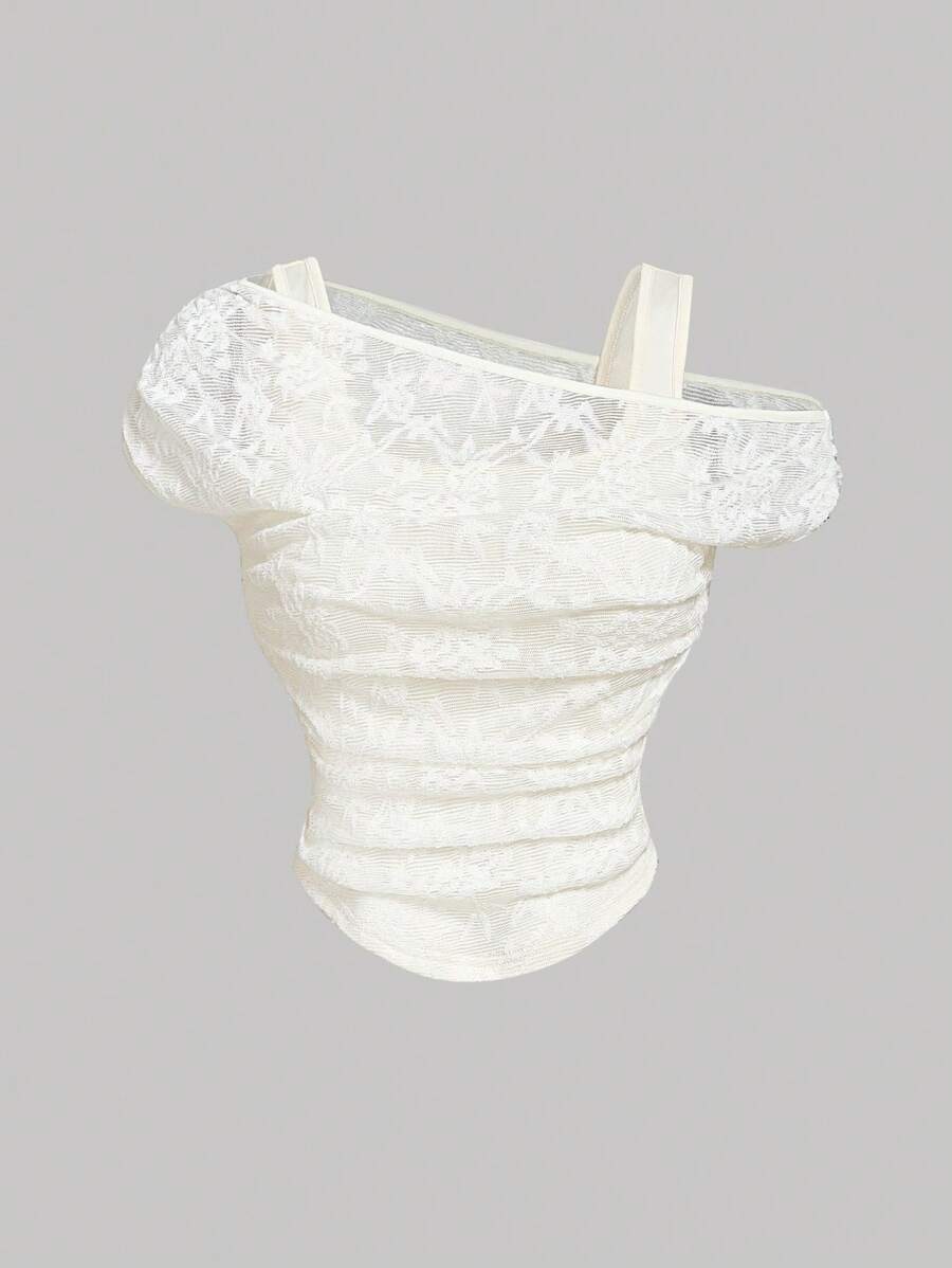 SHEIN MOD Áo thun thời trang cổ ren bất đối xứng dành cho nữ - Màu be - Xem 1