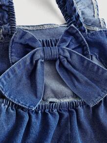 SHEIN 年轻女孩 2025 新款可爱蓝色牛仔背带短裤，儿童女孩春夏休闲度假 - 中等水洗藍 - 查看 3