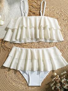 Tween Girls 2 Pieces Bikini Set, Jacquard White Fabric With Ruffle, Fashionable Casual Elegant Graceful For Swimming, Vacation, Summer, Sweet Style, Solid Light Beige Tween Girl Summer Clothes Tween Summer Clothes Girls Toddler Girl Bathing Suits Summer Holiday - White - View 2