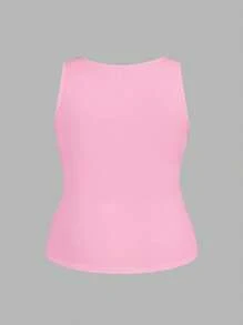 Slaydiva Simple Basic Sporty Casual Daily Fitted Solid White Notched Collar Ruching Textured Ribbed Women's Plus Size Regular Tank Top, Spring/Summer - Pink - View 2