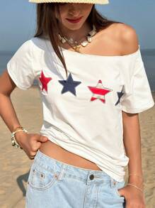Jouncy 女式不对称领口短袖休闲 T 恤配星星补丁 - 白色 - 查看 6
