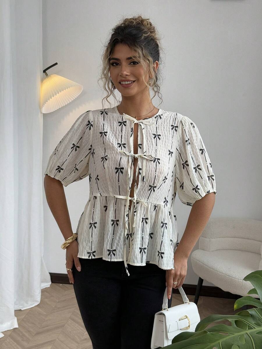 Sunnyshic Plus Size Spring/Summer Romantic Bow Accent Puff Sleeve Tie Front Blouse - Black and White - View 1