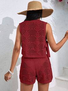 EURMUSE Damen Shorts & Top Überwurf Set, Cut Out - Rot - Übersicht 2