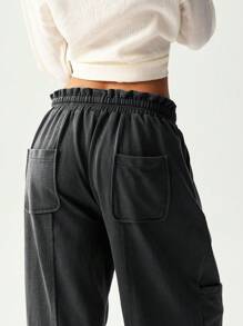Bohemela Pantalón de chándal de punto de unicolor con cordón, de corte holgado, para mujer - Negro - Ver 6