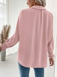 SHEIN LUNE Women's Solid Color Lapel Long Sleeve Patchwork Blouse - Dusty Pink - View 2