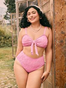 Swim Mod 1 Set Plus Size Women's Sweet Pink Tie-Front Bikini Swimwear - Pink - View 6