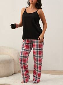 RueChic Conjunto de pijama de 2 piezas con camisa sin mangas con bolsillo y pantalón largo de estampado a cuadros para mujer tallas grandes