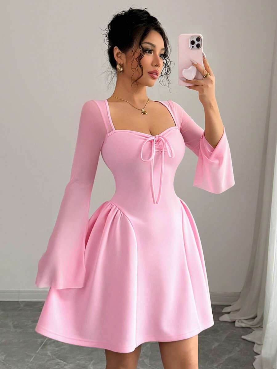 Elenzga 新款女士网眼拼布侧褶设计 A 字裙，带蝴蝶结领，时尚、百搭、年轻而优雅 - 粉色 - 查看 1