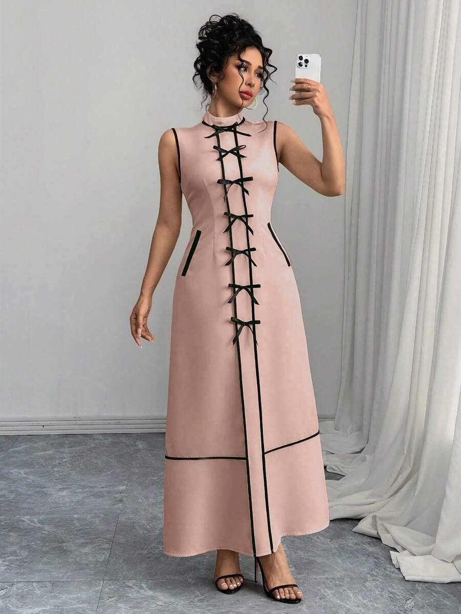 Chiquease Vestido Longo com Decote Redondo, Sem Mangas e Laço para Mulheres - Rosa Bebê - Visão 1