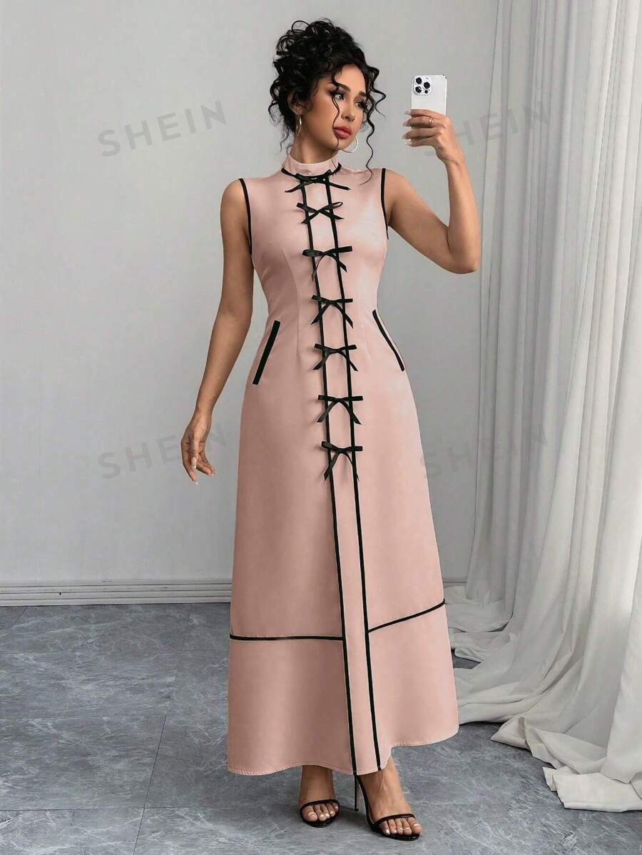 SHEIN Unity Rundhals-Ärmelloses Kleid mit Schleifenverzierung für Damen - Babypink - Übersicht 1