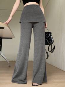 DAZY 1 件女士纯色喇叭裤，休闲二合一运动裤，适合夏季女士慢跑裤 - 灰色 - 查看 5