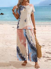 EMERY ROSE 女士夏季扎染印花圆领短袖上衣和裤子休闲套装