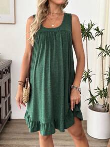 SHEIN Maternity Solid Color Round Neck Ruffle Hem Sleeveless Casual Dress - Dark Green - View 5