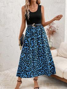 SHEIN Clasi Váy dài chắp vá họa tiết da báo thời trang mùa hè - Màu xanh lam - Xem 6