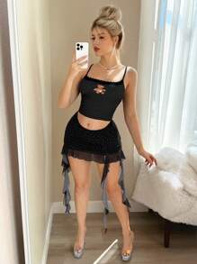 Sweetina Women's Polka Dot Print Asymmetric Ruched Mesh Overlay Mini Skirt - Black and White - View 3