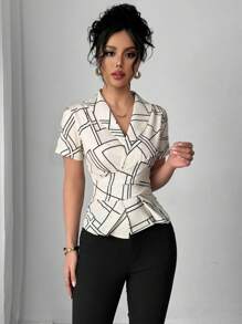 Elenzga Áo sơ mi tay ngắn xếp ly họa tiết hình học - Màu be - Xem 3