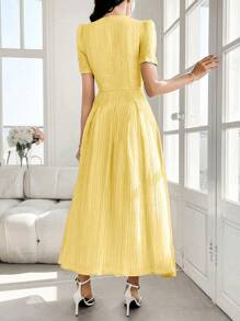 Modelyn French Style Square Neck Bishop Sleeve Pleated Women's Dress - Yellow - View 2