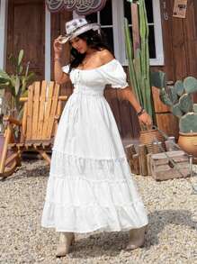 SHEIN EZwear Váy nghỉ mát tay bồng viền bèo nhún màu trắng cho nữ, mùa hè - trắng - Xem 5