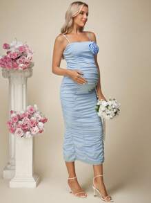 SHEIN Elegant Maternity Solid Color 3D Flower Decorated Ruched Fitted Strap Dress - Blue - View 4