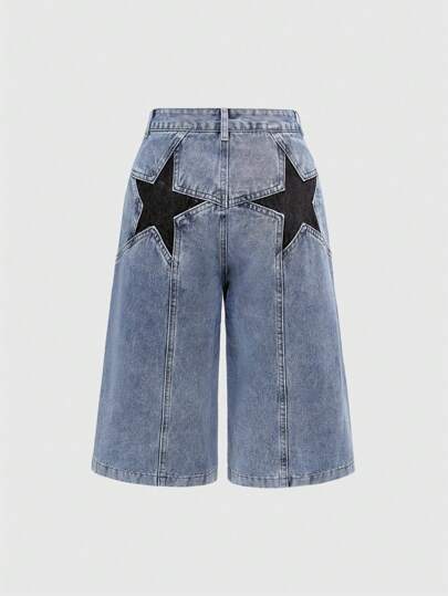 Grunge Punk Pantalones capri vaqueros de tiro súper bajo, de pierna ancha y holgados con estampado de estrellas de Y2K
