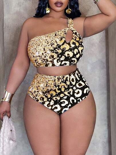 Slaydiva Plus Size Women 2 Pieces Set: Gold Leopard Print Halter Top And Ruched Side Hollow Out Pants, Swimwear For Holiday Beach Poolside Outfit For Summer Beach Vacation