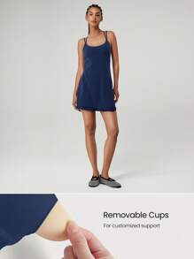 GLOWMODE FeatherFit™-Air Peekaboo Square Neck Pocket Anti-Slip Active Mini Dress With Built-In Shorts Spring Summer Quick Dry Moisture Wicking - Dark Blue - View 3