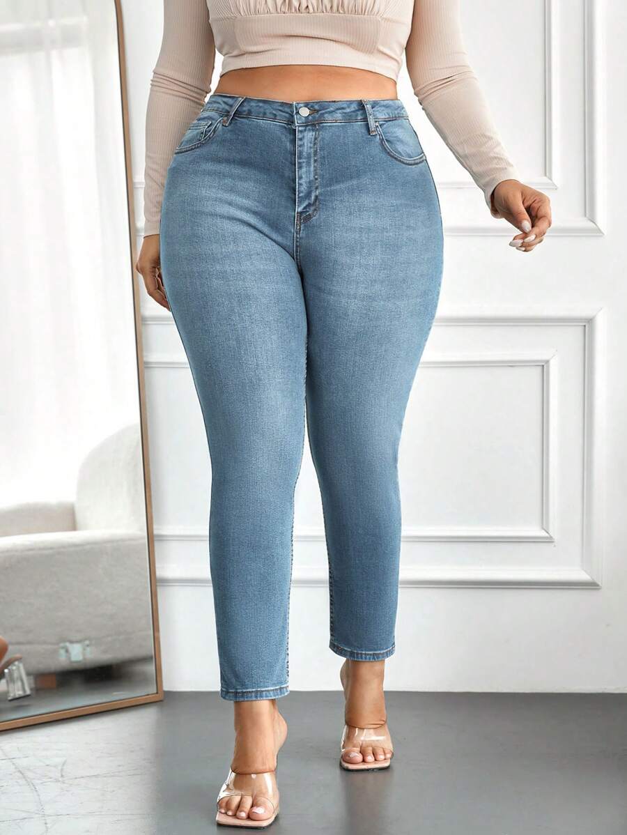 SHEIN Cottnline 98%Cotton Plus High Waist Skinny Jeans - Light Wash - View 1