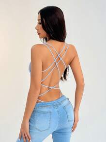 SHEIN PETITE Women's Black Knitted Backless Strap Bodysuit - Baby Blue - View 2