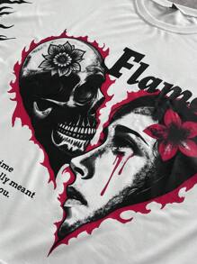Manfinity EMRG Young Street Style For Men, Versatile INS Item: Oversized Split Love Skull Portrait Flame Graffiti Illustration. Short Loose White Short Sleeve Raglan Sleeve T-Shirt With Oversized Letter Pattern Print On The Front. Versatile, Suitable For Sportswear, Back To School Wear And Boyfriend Gift. Streetwear, Y2k Men