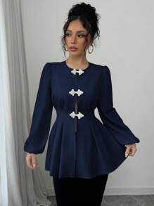 Elenzga 长袖镂空中国结系腰长衬衫 - 藏蓝色 - 查看 4