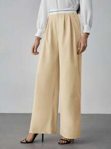 SHEIN Tall Women's Elegant High-Waist Wide Leg Pants In Apricot Woven Fabric With Zipper Detail, Long Length For A Chic Look, Tall Women - Apricot - View 3