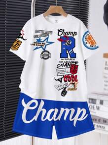 SHEIN Tween Boy Casual Minimalist Short Sleeve Crew Neck 2 Pieces Set, Suitable For Summer - White - View 1