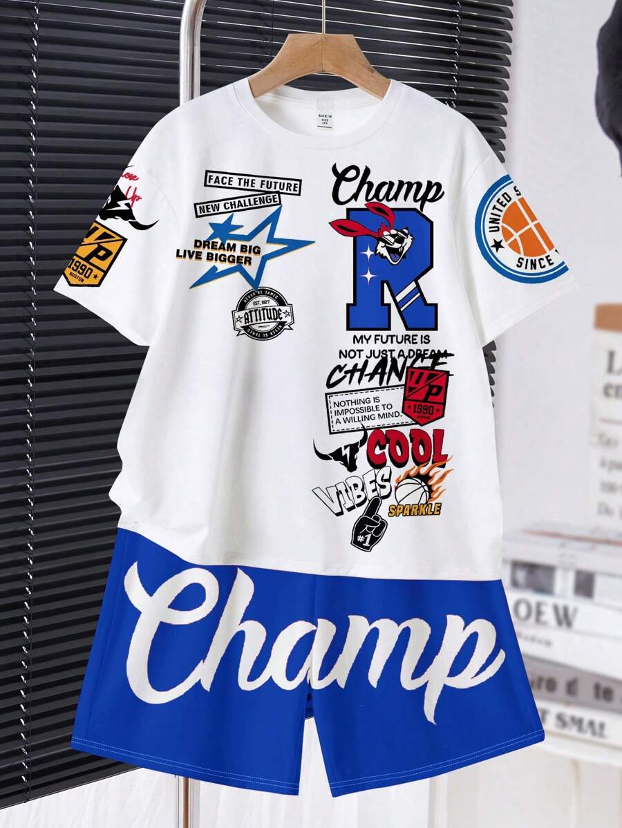 SHEIN Tween Boy Casual Minimalist Short Sleeve Crew Neck 2 Pieces Set, Suitable For Summer - White - View 1