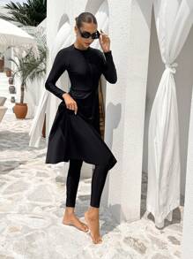 Swim Mulvari 2pcs Women Zip-Up Long Sleeve Burkini Swimsuit Set With Swim Bottoms For Summer Beach Vacation