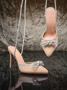 SHUZIA 最热销的女士细高跟水钻蝴蝶结尖头水晶蕾丝环绕式小块灰褐色高跟鞋 - 华丽的 2025 年春季婚礼/派对晚装鞋 - 米色 - 查看 5