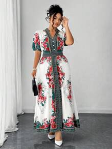 Elenzga Plus Size Women Casual Elegant Versatile Artistic Print Long Dress, Suitable For Summer, Back To School, Graduation, Festivals, Valentine's Day, Music Festivals, Mother's Day, Halloween, Thanksgiving, Easter, National Day, Dances, Dates, Parties, Outdoor Activities - Multicolor - View 1