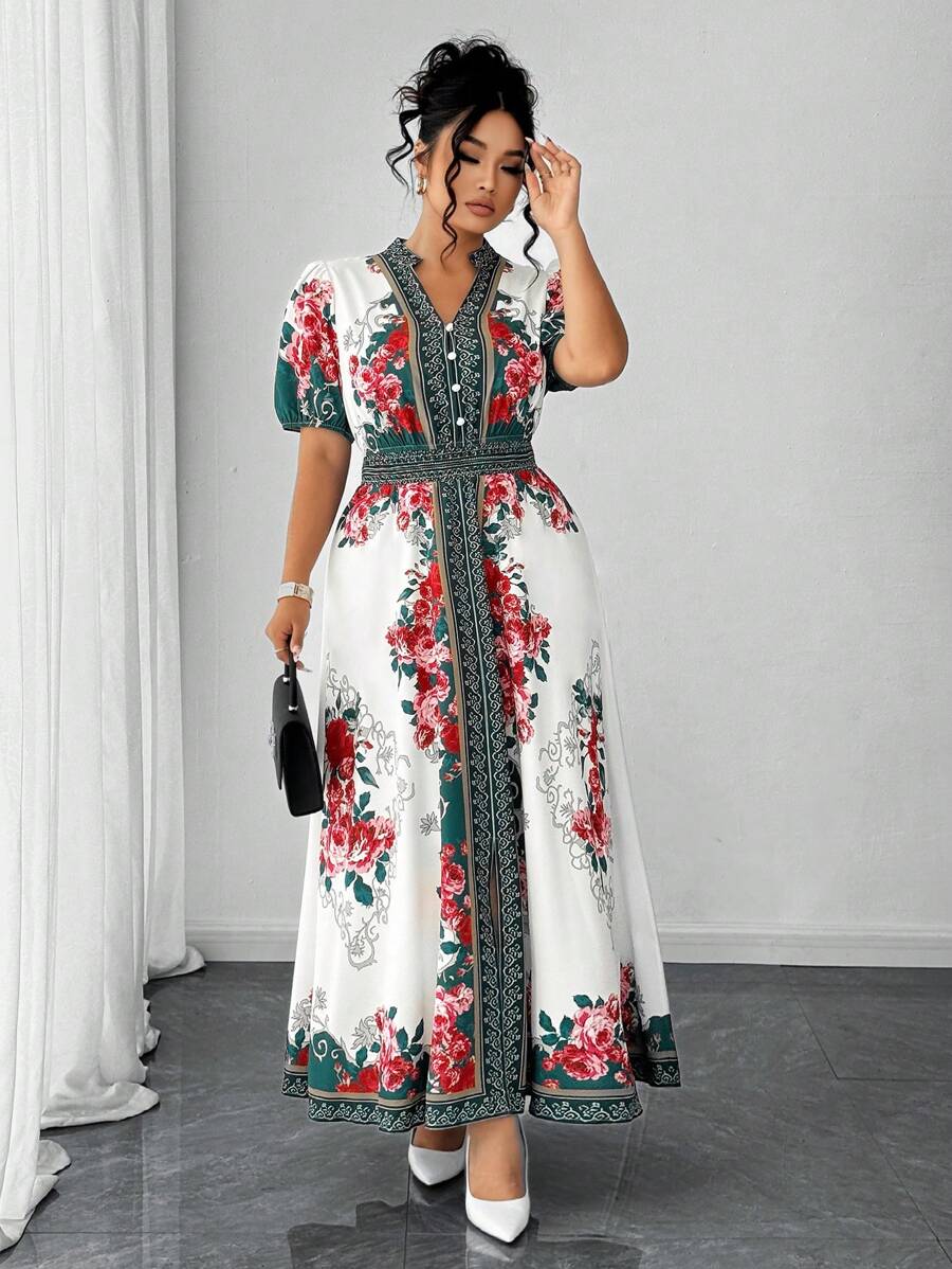 Elenzga Plus Size Women Casual Elegant Versatile Artistic Print Long Dress, Suitable For Summer, Back To School, Graduation, Festivals, Valentine's Day, Music Festivals, Mother's Day, Halloween, Thanksgiving, Easter, National Day, Dances, Dates, Parties, Outdoor Activities - Multicolor - View 1