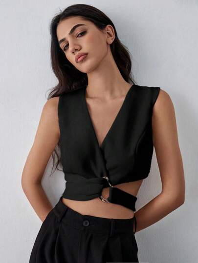 Lumivelle Asymmetrical Twist Knot Wrap Front White Blouse, Twist Metal Accent White Cropped Women's Top