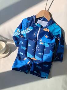 SHEIN Baby Boys/Girls Blue Cartoon Dinosaur Print Soft Knitted Round Neck Long Sleeve Buoyancy Swimsuit, Suitable For Beach, Swimming Pool, And Vacation