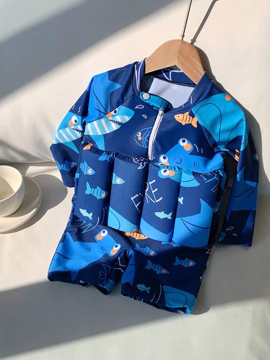 SHEIN Baby Boys/Girls Blue Cartoon Dinosaur Print Soft Knitted Round Neck Long Sleeve Buoyancy Swimsuit, Suitable For Beach, Swimming Pool, And Vacation