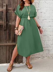 EMERY ROSE Váy nghỉ mát mùa hè thường ngày buộc dây màu trơn cỡ lớn - Màu xanh Bạc hà - Xem 5