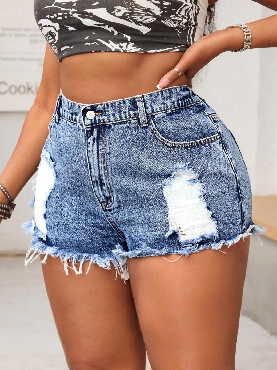 SHEIN SXY Plus Size Women Vintage Distressed Raw Hem Denim Shorts Autumn Festival Country Concert Cowgirl Gyaru Women Shorts Short Jeans - Blue - View 1