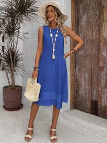 EMERY ROSE Casual Cotton Sleeveless Round Neck A-Line Dress For Summer White Dress,Summer Dresses For Women