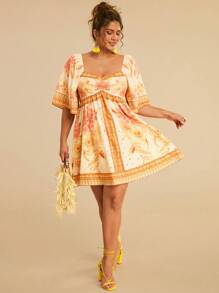 Travachic Vestido Curto Casual Feminino Plus Size de Verão Amarelo com Estampa Floral e Manga Bufante